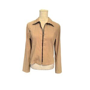 Zip-Up Cropped Blazer Jacket Womens Sz M Beige Long Sleeve Solid Lightweight